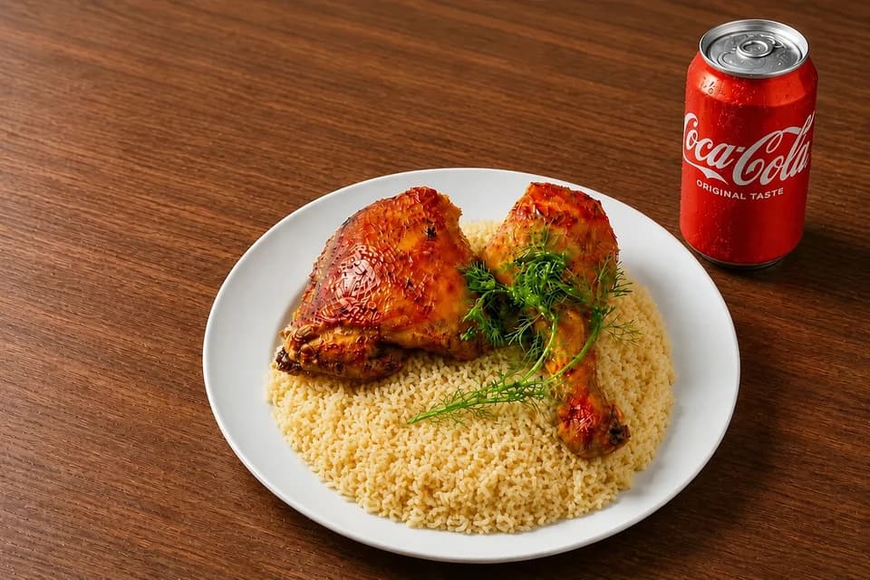 Quarter chicken with rice and a Coca-Cola can