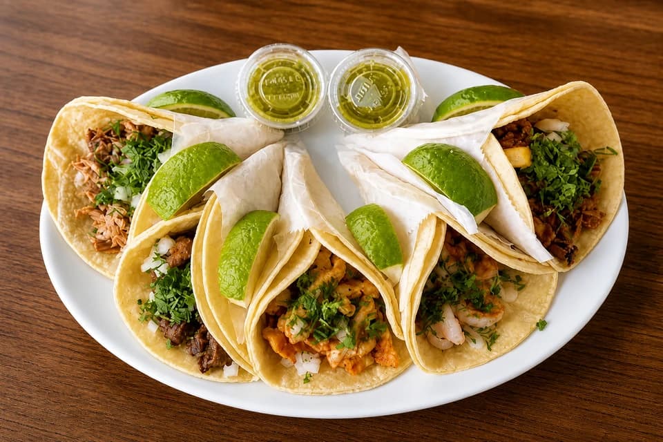 Plate of tacos with lime wedges and salsa cups